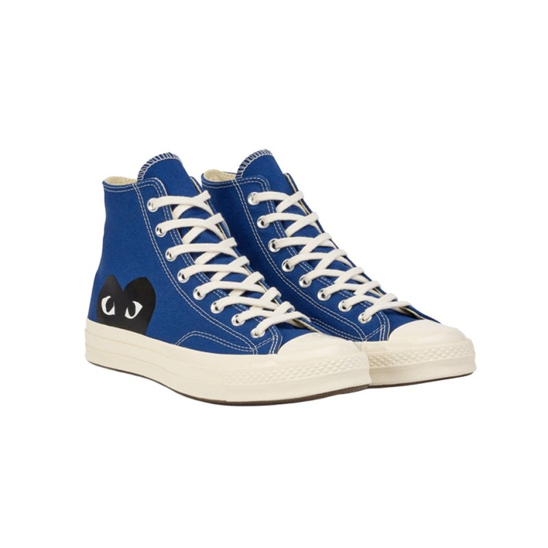 converse x comme des garçons hautes de couleur bleu vue de la paire coté droit